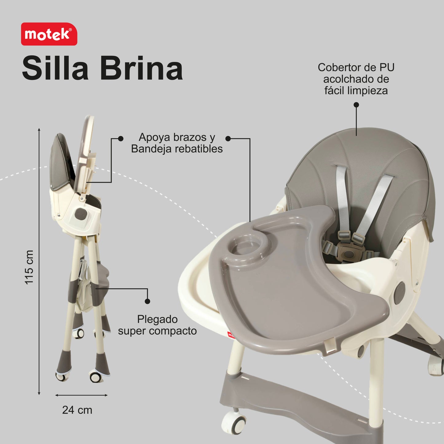 Silla Periquera Para Bebé 2 En 1 Motek Brina Reclinable Con Ruedas