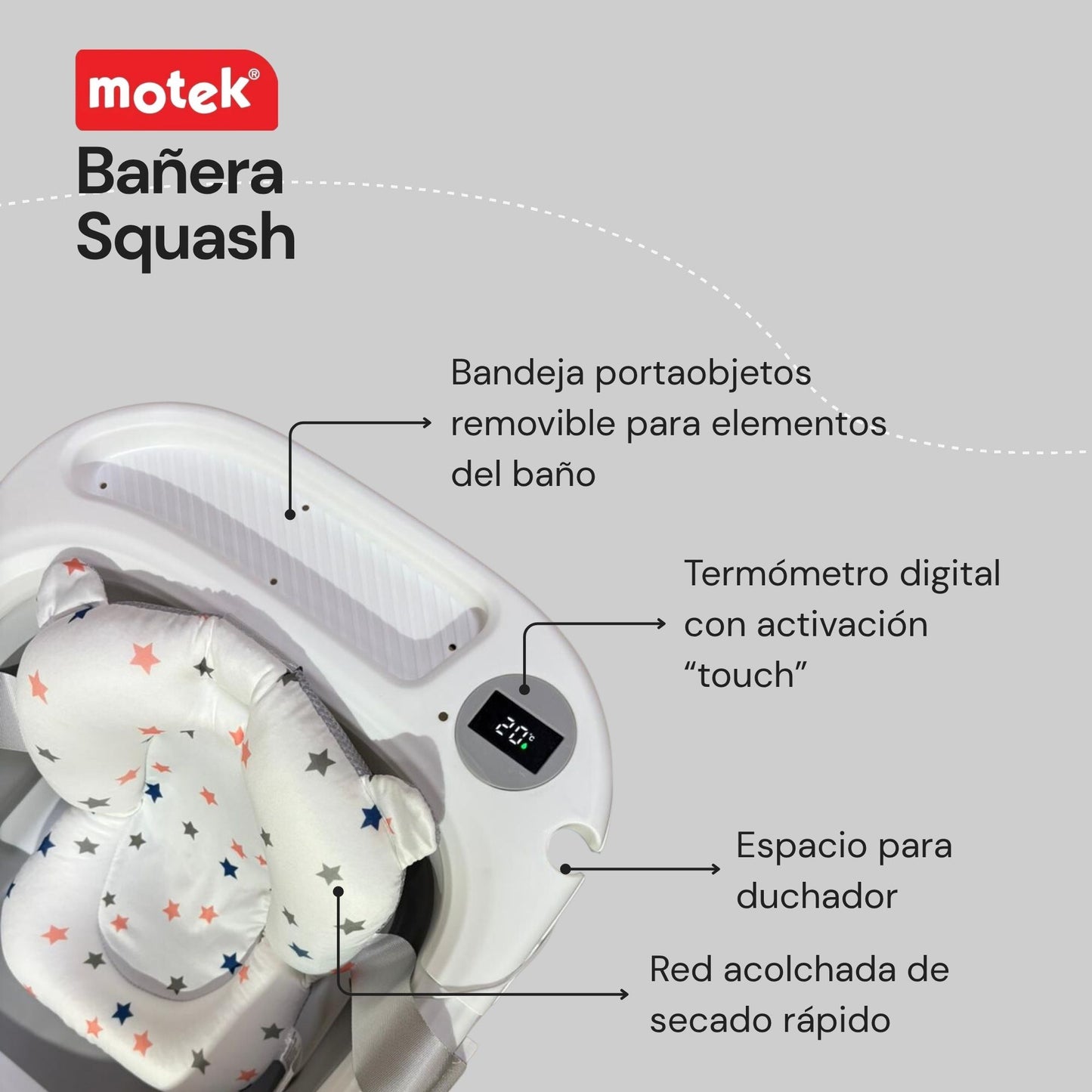 Bañera Tina Ultra Plegable Motek Squash con Termómetro Digital