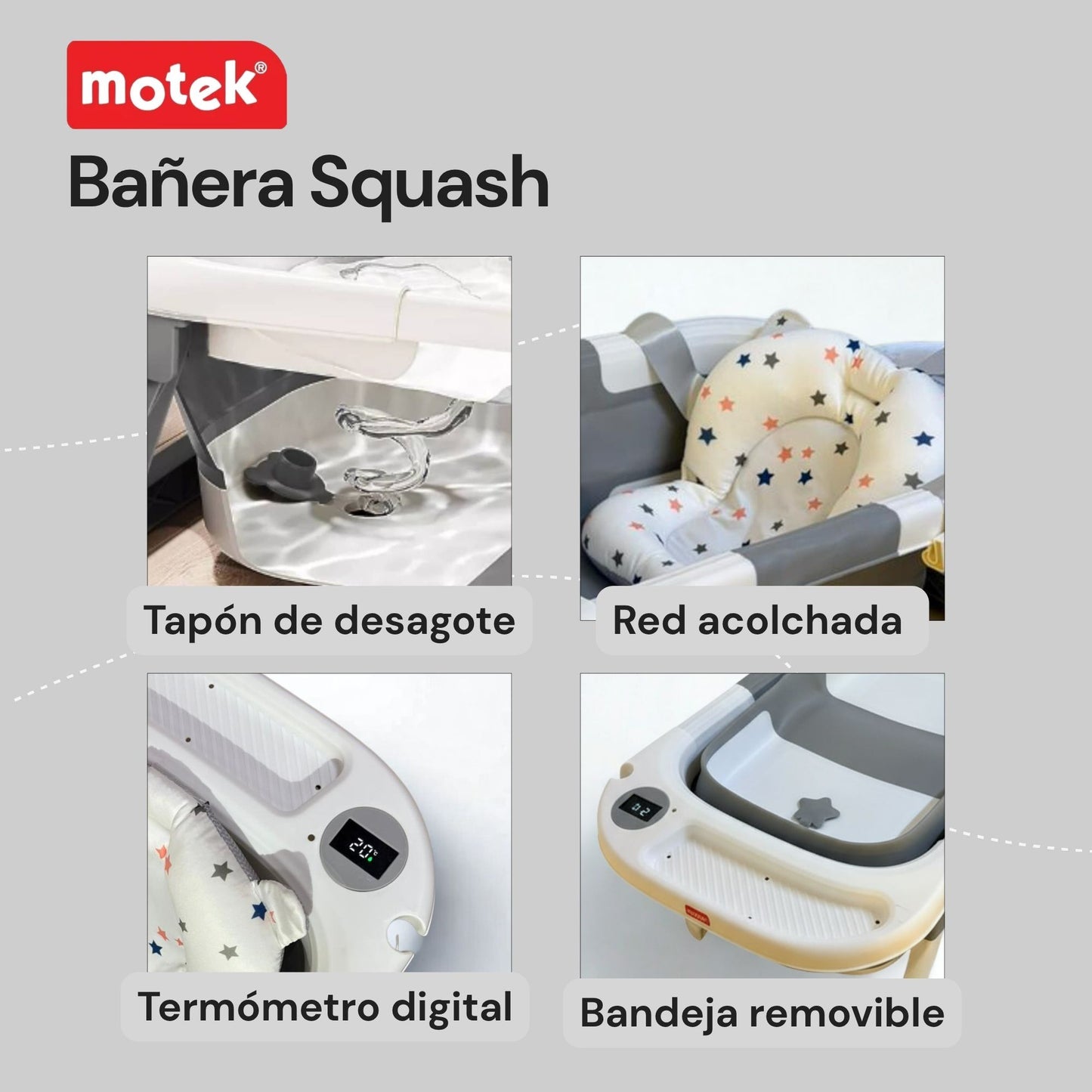 Bañera Tina Ultra Plegable Motek Squash con Termómetro Digital