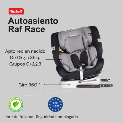 Autoasiento Bebe Motek Raf Race Isofix Latch 0-36kg Giro 360