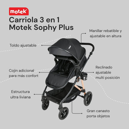 Carriola Travel System 3 en 1 Motek Sophy Plus - Bambineto y Autoasiento