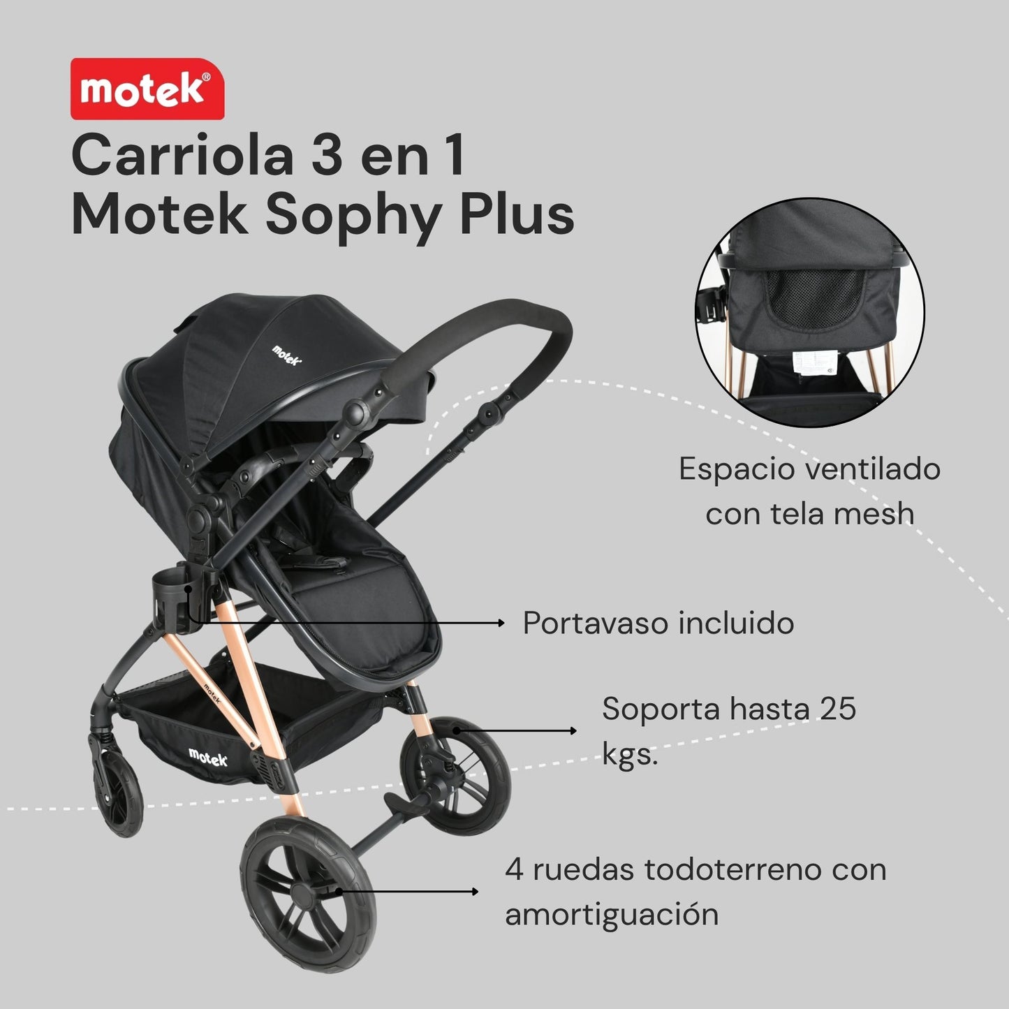 Carriola Travel System 3 en 1 Motek Sophy Plus - Bambineto y Autoasiento