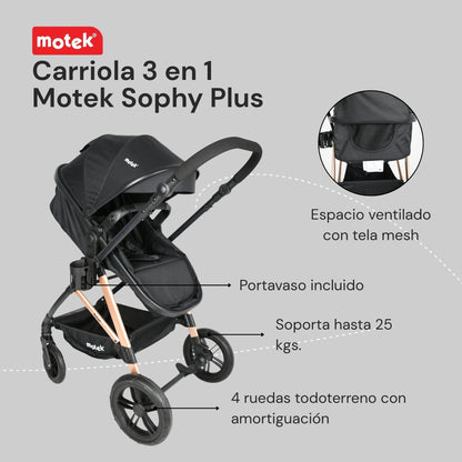 Carriola Travel System 3 en 1 Motek Sophy Plus - Bambineto y Autoasiento