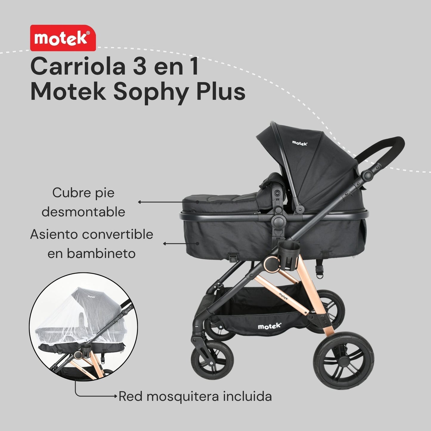 Carriola Travel System 3 en 1 Motek Sophy Plus - Bambineto y Autoasiento