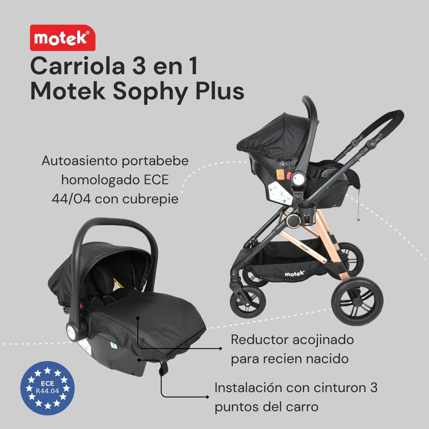 Carriola Travel System 3 en 1 Motek Sophy Plus - Bambineto y Autoasiento