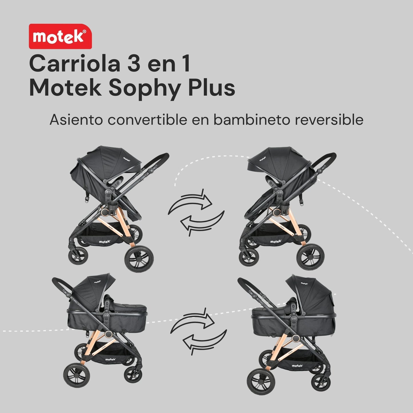 Carriola Travel System 3 en 1 Motek Sophy Plus - Bambineto y Autoasiento